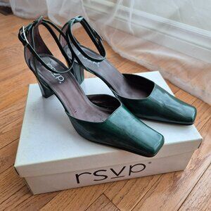 RSVP Emerald Green Leather Block Heel Pumps Square Toe Ankle Strap 10